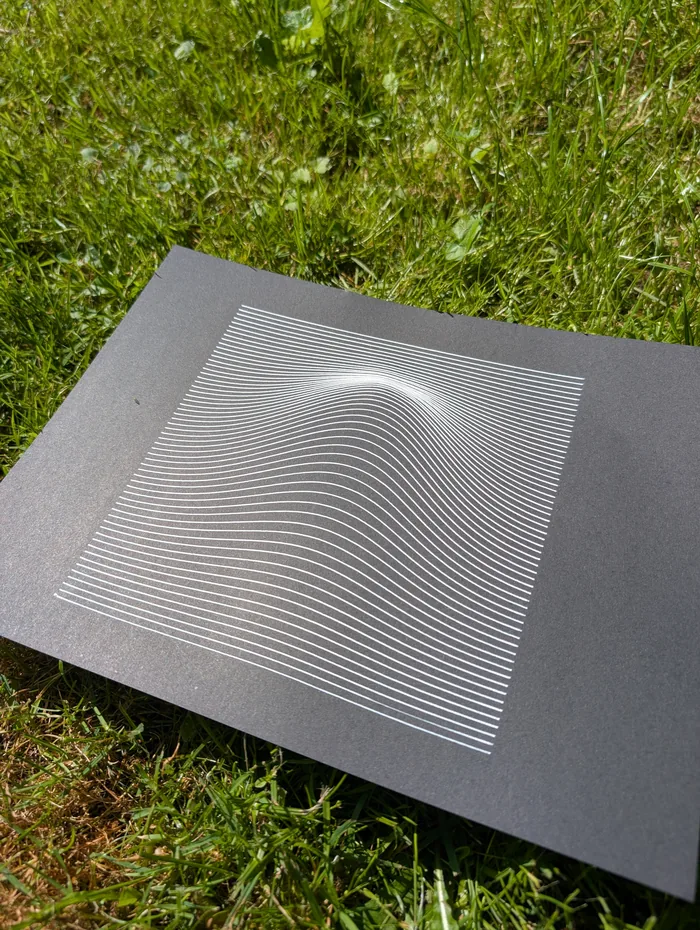 Ein fertiger Druck liegt im Gras: dicht gestapelte weiße Linien auf schwarzem Papier, die sich in der Mitte zu einer Erhebung aufwölben.